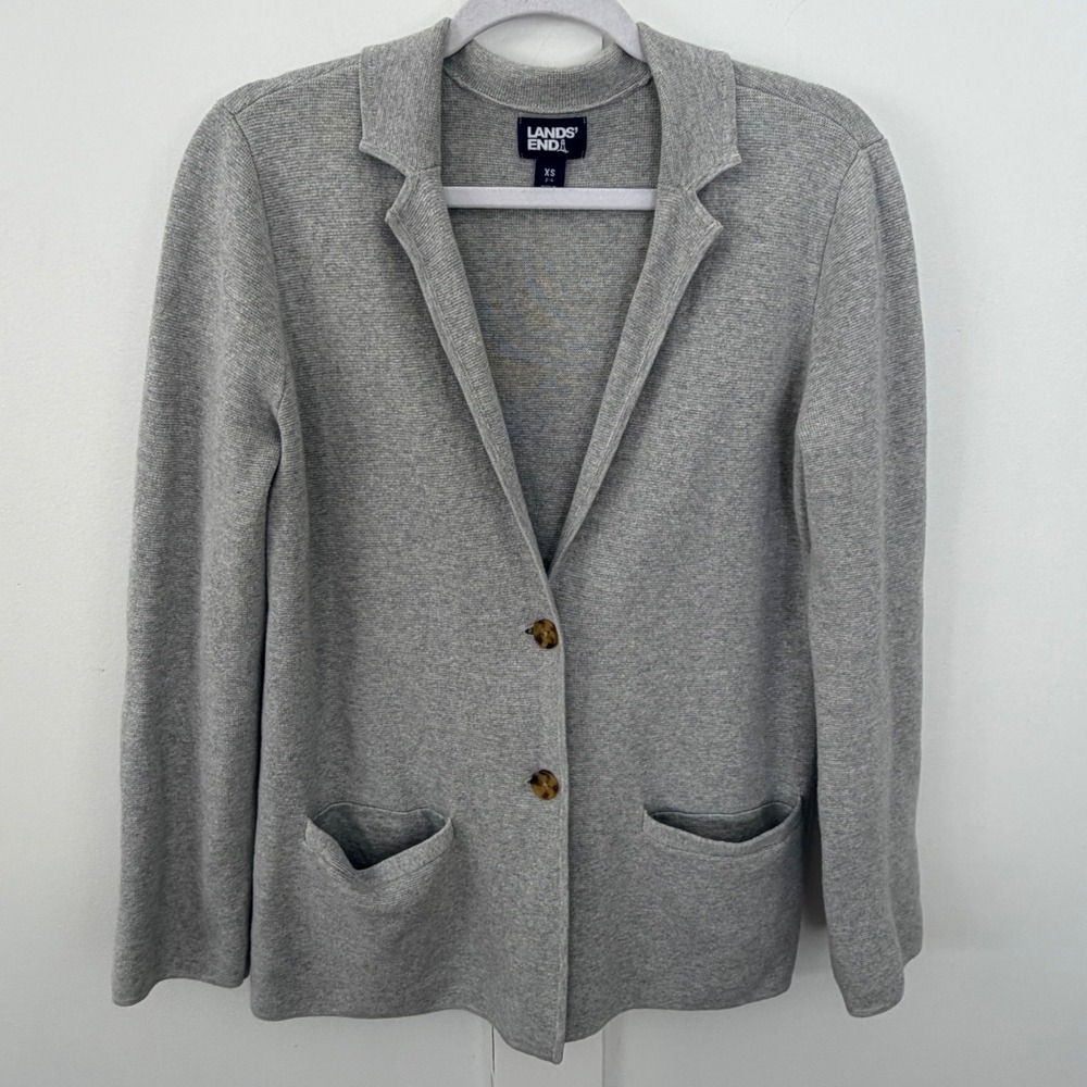 Lands' End Women's Knit Sweater Blazer Gray Classic Pockets 100% Cotton Size‎ XS